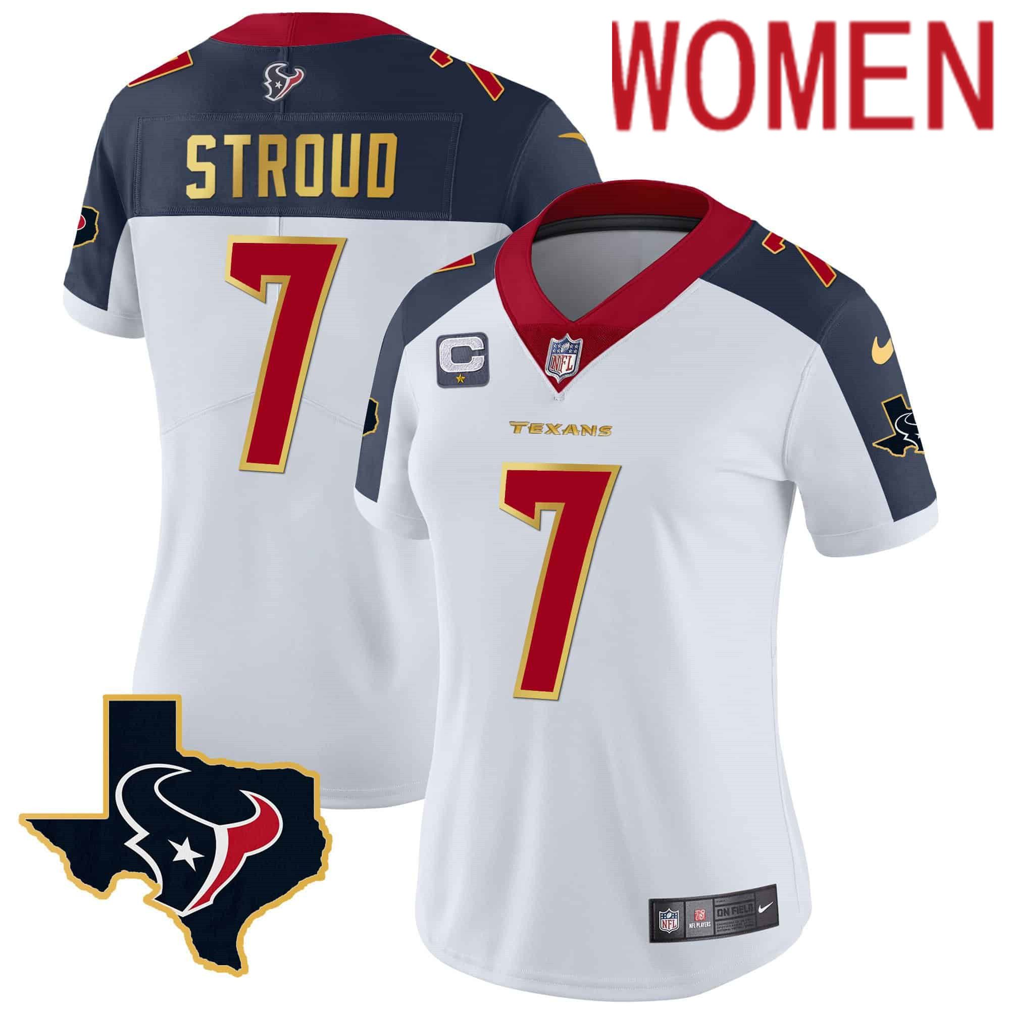 Women Houston Texans #7 Stroud White Gold 2024 Nike Trim Vapor NFL Jersey style 2->customized nfl jersey->Custom Jersey